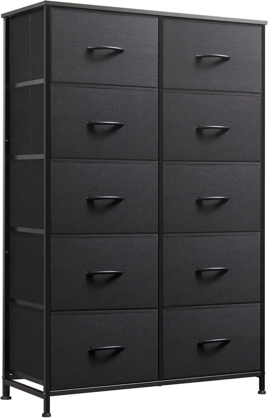 Tall Black Dresser for Bedroom with 10 Drawers, Chest of Drawers, Dressers Bedroom Furniture, Storage Organizer Unit with Fabric Bins for Closet, Hallway, Living Room, Entryway
