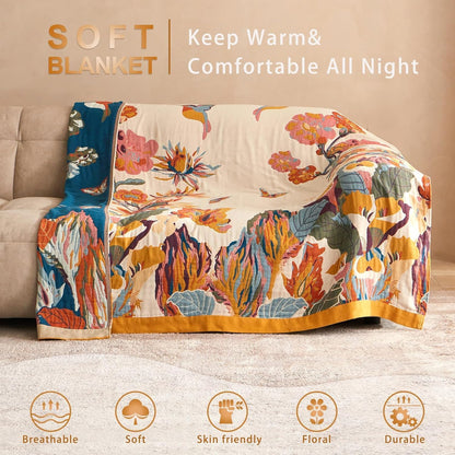 Boho Throw Blanket - 100% Cotton Soft Throw Blanket for Bed, 50"X60" Reversible Breathable Lightweight Fall Blankets, All Seasons Farmhouse Decor Floral Plant Butterfly Throw Quilt