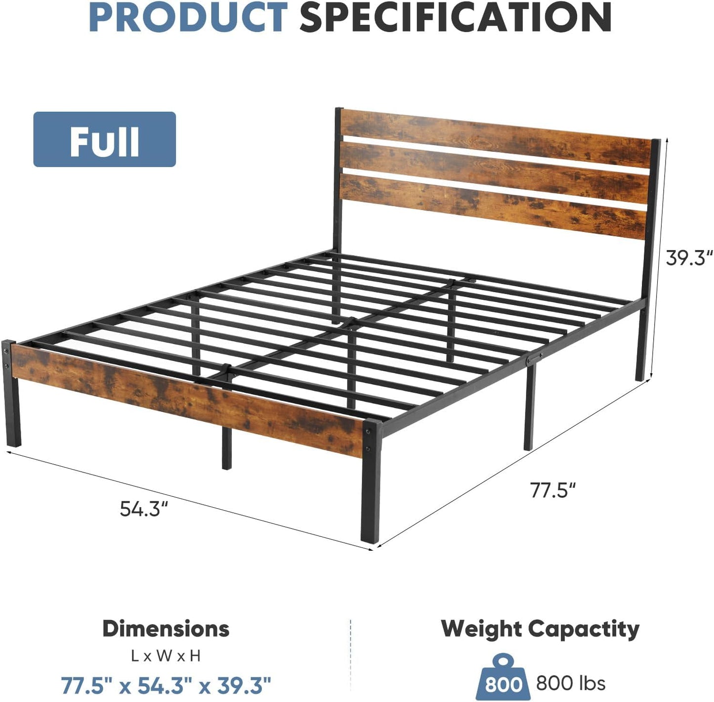 Full Size Bed Frame with Headboard, 800LBS Mattress Foundation with All Sturdy Metal Support, under Bed Storage, No Box Spring Needed, Easy Assembly, Rust Brown
