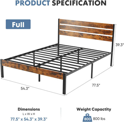 Full Size Bed Frame with Headboard, 800LBS Mattress Foundation with All Sturdy Metal Support, under Bed Storage, No Box Spring Needed, Easy Assembly, Rust Brown
