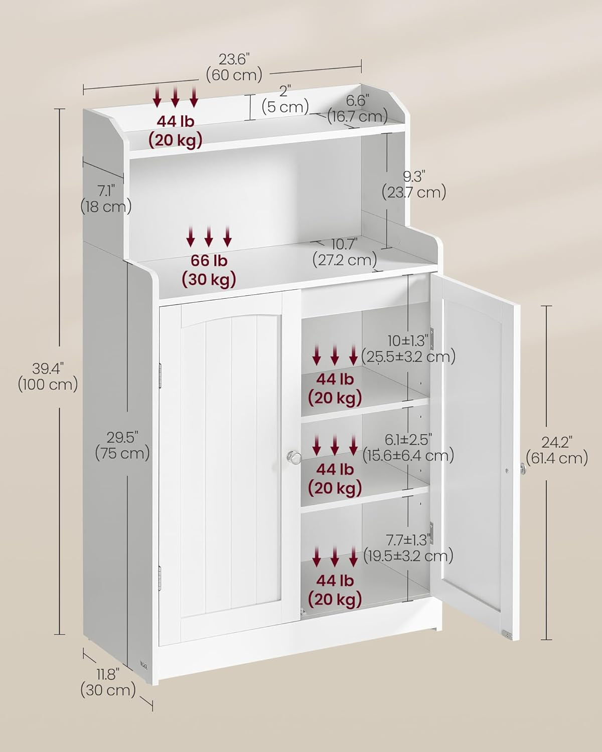 Bathroom Storage Cabinet, Bathroom Floor Cabinet with 2 Doors, 2 Adjustable Shelves, 11.8 X 23.6 X 39.4 Inches, Freestanding, for Dining Room, Kitchen, Living Room, Cloud White UBBC770W01