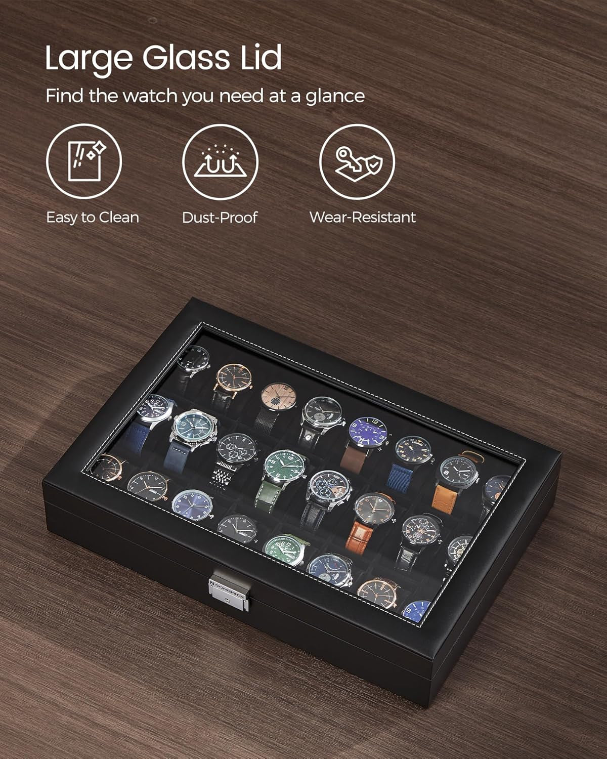24-Slot Watch Box, Lockable Watch Storage Case with Glass Lid, Gift Idea, Ink Black Synthetic Leather, Ink Black Lining UJWB024B02