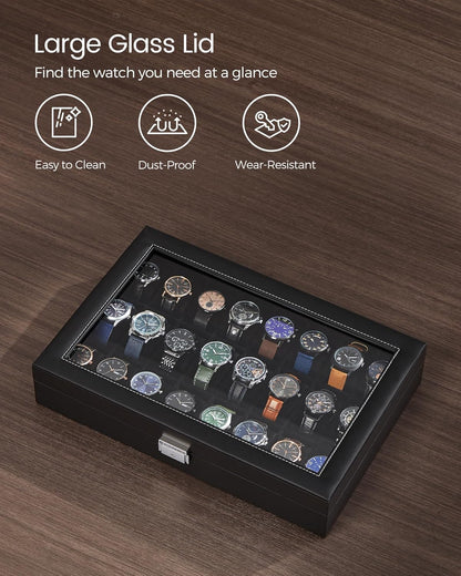 24-Slot Watch Box, Lockable Watch Storage Case with Glass Lid, Gift Idea, Ink Black Synthetic Leather, Ink Black Lining UJWB024B02