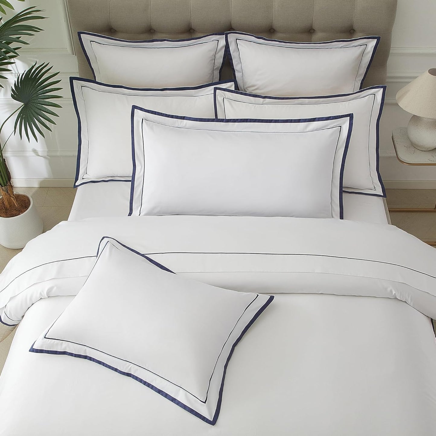 White King Pillow Shams Set of 2, 100% Cotton Luxury Hotel Pillowcases with Navy Embroidered Double Border, Soft Smooth Elegant Decorative Pillow Cases with Envelpe Closure, 20X36 Inches