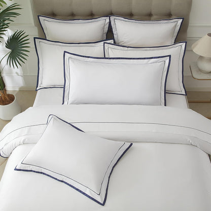 White King Pillow Shams Set of 2, 100% Cotton Luxury Hotel Pillowcases with Navy Embroidered Double Border, Soft Smooth Elegant Decorative Pillow Cases with Envelpe Closure, 20X36 Inches