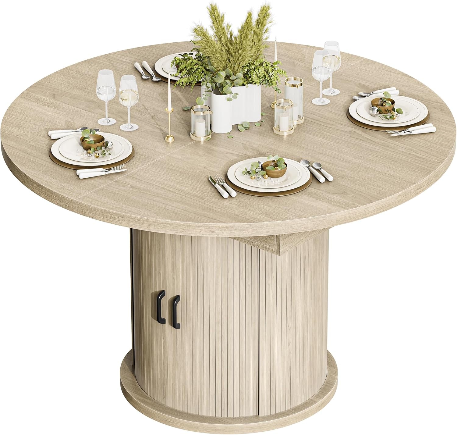 47-63In Extendable round Dining Table for 4-8 Modern round Kitchen Table Circle Dining Table with 2-Tier Storage Shelf, Space Saving Expandable Wood Oval for Living Room Walnut Oak