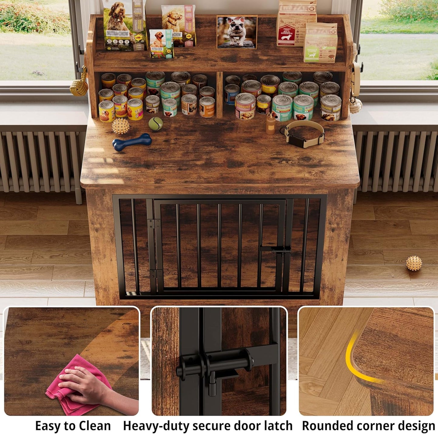 Dog Crate Furniture, 33.4 Inches Wooden Small Dog Crate with Storage and 4 Hooks, Heavy Duty Pet Crate for Small Dog, Decorative Pet Cage for Indoor (22" L X 33.4" W X 37.4" H)