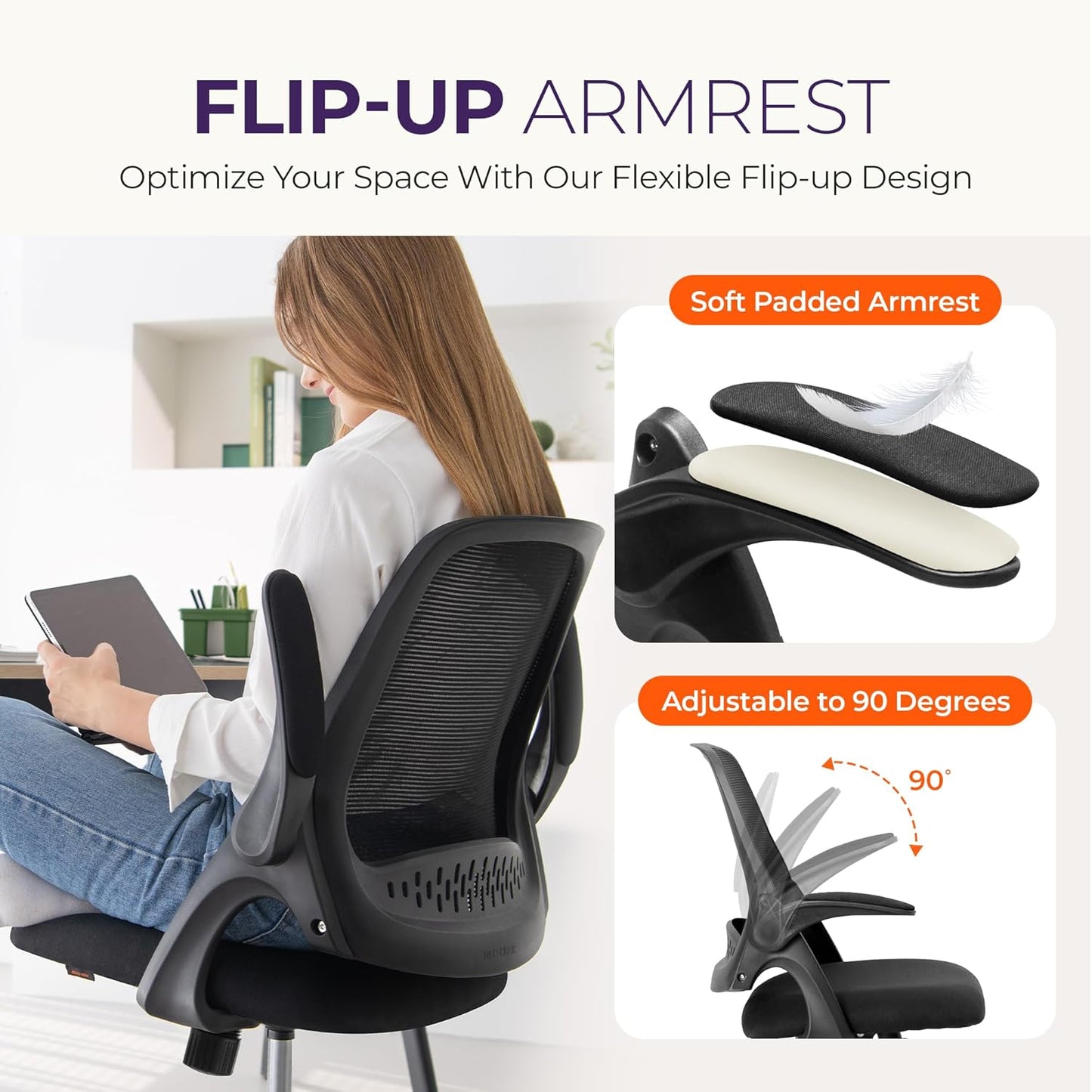 Office Desk Computer Gaming Ergonomic Chair with Lumbar Back Support Adjustable Height Swivel Wheels Flip-Up Arms Mesh Chair for Home or Office (Black)