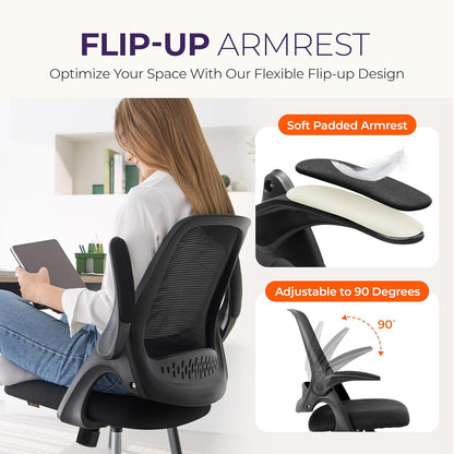 Office Desk Computer Gaming Ergonomic Chair with Lumbar Back Support Adjustable Height Swivel Wheels Flip-Up Arms Mesh Chair for Home or Office (Black)