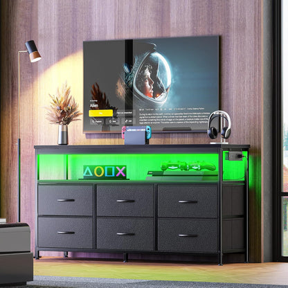 LED TV Stand for Bedroom, 47 Inch Dresser TV Stand for 43, 50, 55 Inch TV, Black TV Stand with Storage, Entertainment Center with Power Outlets, 6 Drawer Fabric Dresser for Living Room