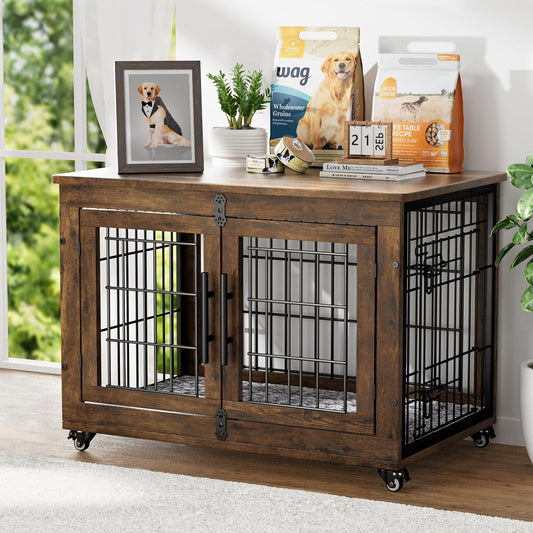 Dog Crate Furniture with Cushion, Wooden Dog Kennel Indoor with Double Doors, Dog Cage with Wheels, Dog House Side End Table for Small Medium Dogs up to 45 Lb, 32.5” L, Rustic Brown