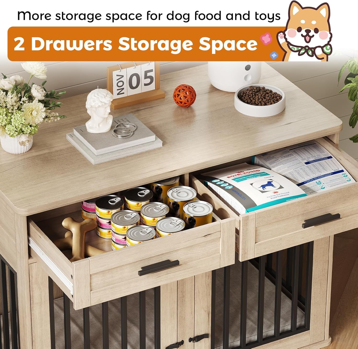 Extra Large Dog Crate Furniture,44.5 Inches Wooden Dog Crate with 2 Storage Drawers and 3 Hooks,Heavy Duty Pet Crate for Large Dog, Decorative Pet Cage with Sliding Barn Door for Indoor,Grey