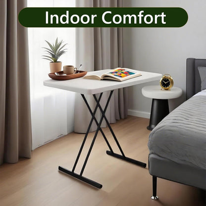 Folding Table 30 Inch - Small Desk Adjustable Height TV Tray for Laptop, Couch, Camping - Heavy Duty Utility Foldable Table for Small Spaces, No Assembly Required, White Granite