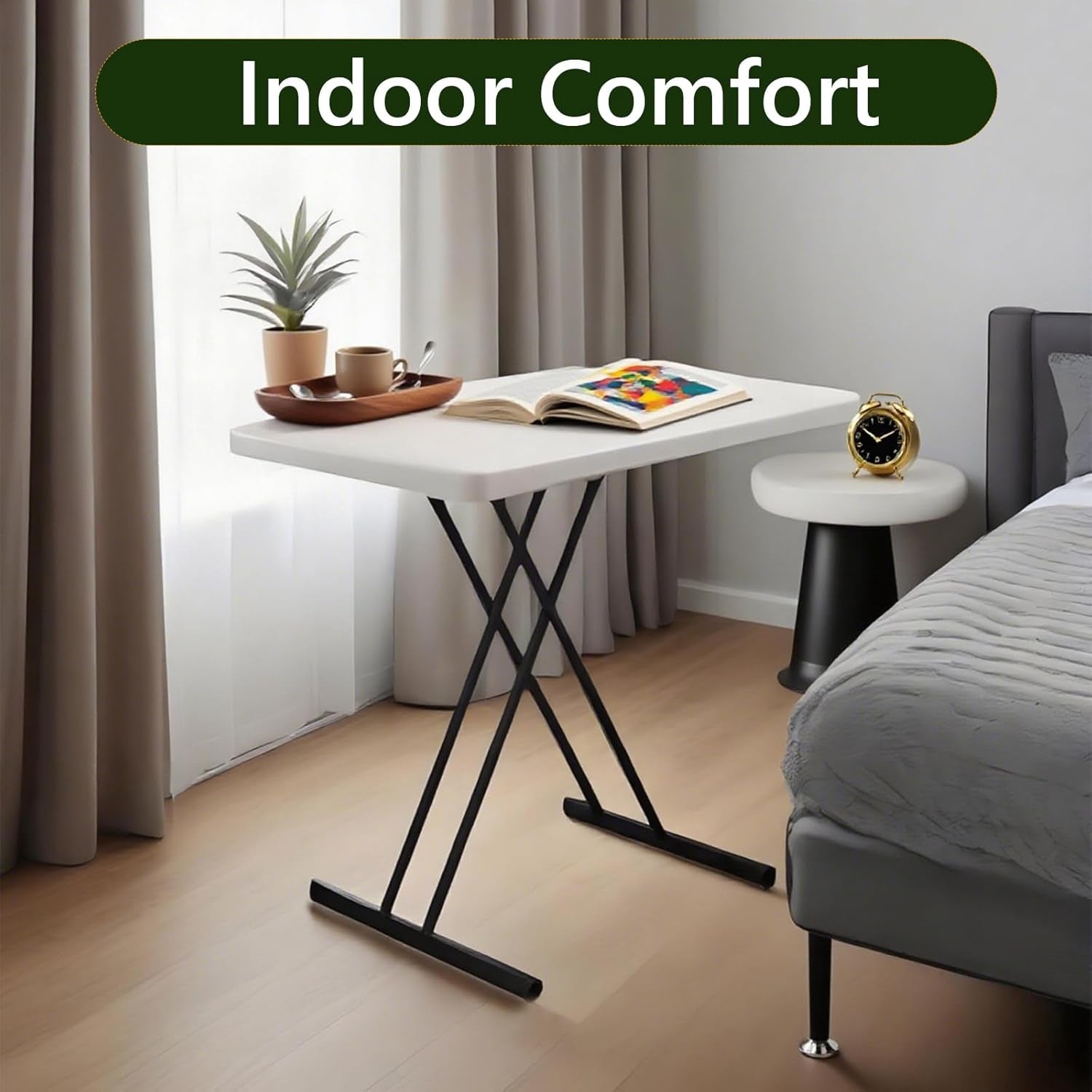 Folding Table 30 Inch - Small Desk Adjustable Height TV Tray for Laptop, Couch, Camping - Heavy Duty Utility Foldable Table for Small Spaces, No Assembly Required, White Granite