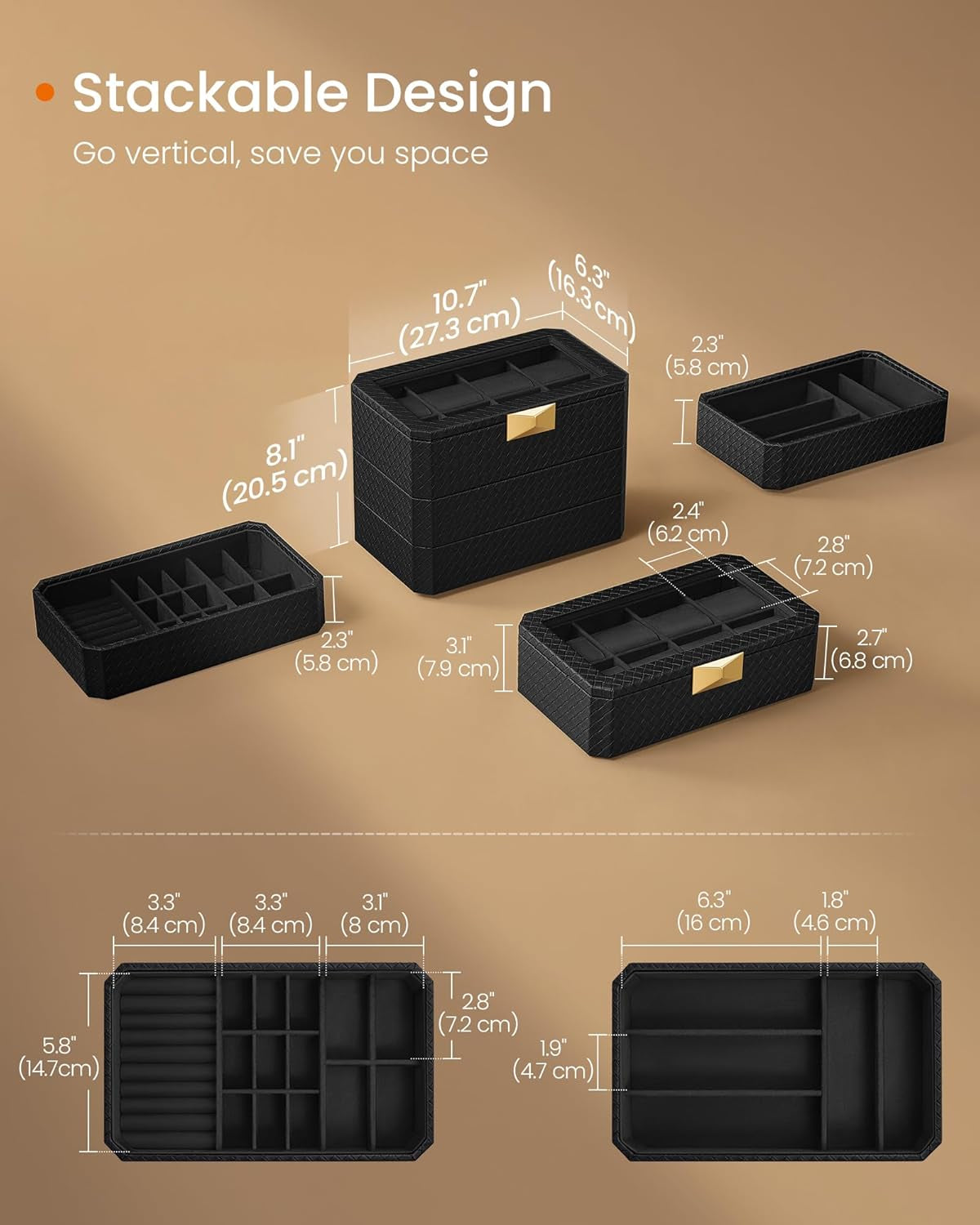 HOME RONNE Collection - 3-Tier Watch Box, Stackable 8-Slot Watch Case, Woven Embossed PU Leather, Floating Effect, Gift Idea, Ink Black Surface, Ink Black Lining UJWB021B01