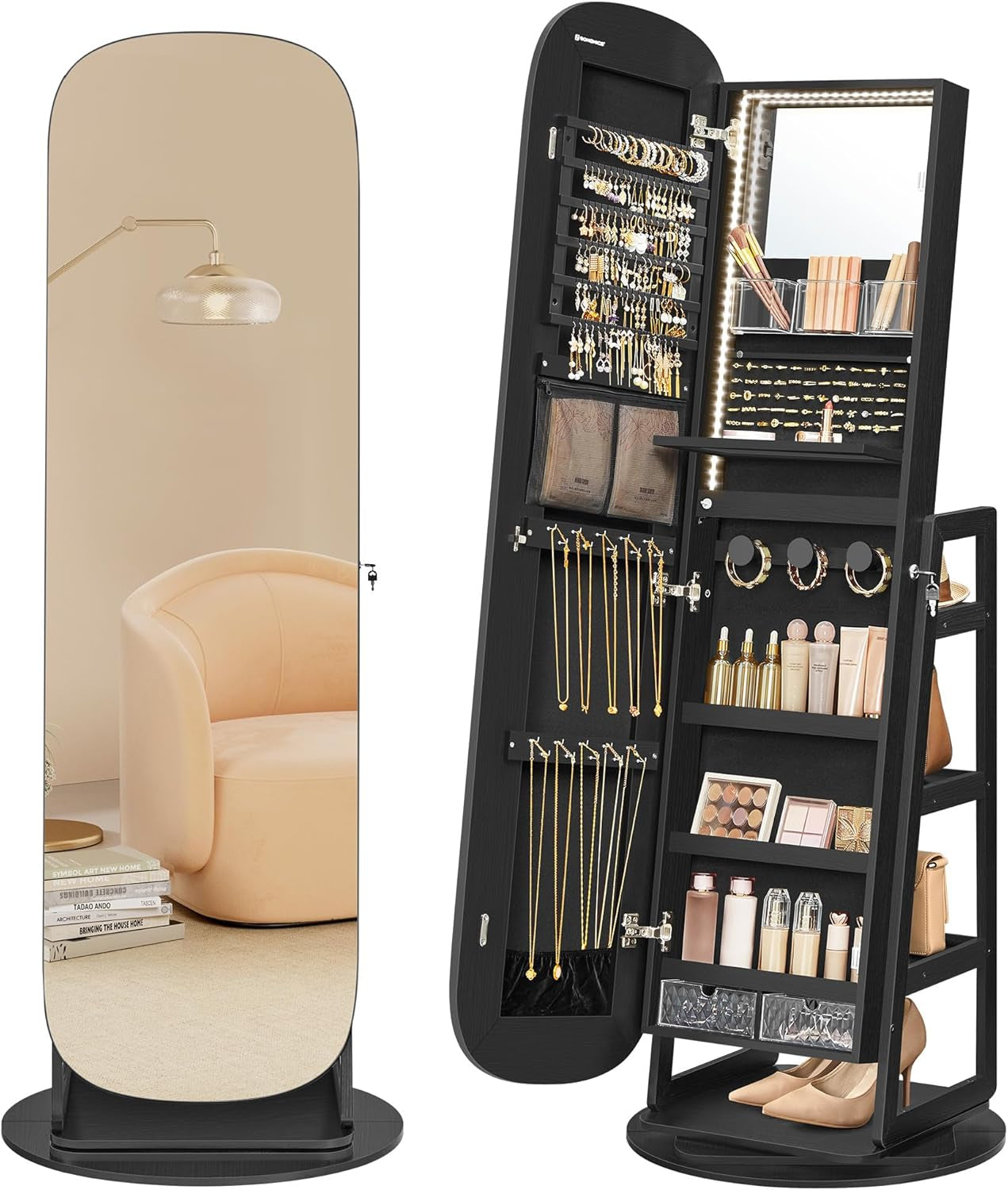LED Jewelry Cabinet, 360° Swivel Jewelry Organizer, Lockable Mirror Jewelry Cabinet Standing, Rounded Wide Full-Length Mirror with Storage Shelves, Interior Mirror, Cloud White UJJC036W01