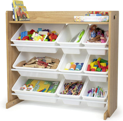 Toy Storage Organizer with Top Shelf and 9 Removable Bins, Natural/White – Toddler Bookshelf with Toy Organizer - Modern Toy Rack Ideal for Kids' Rooms, Playrooms, and Nurseries