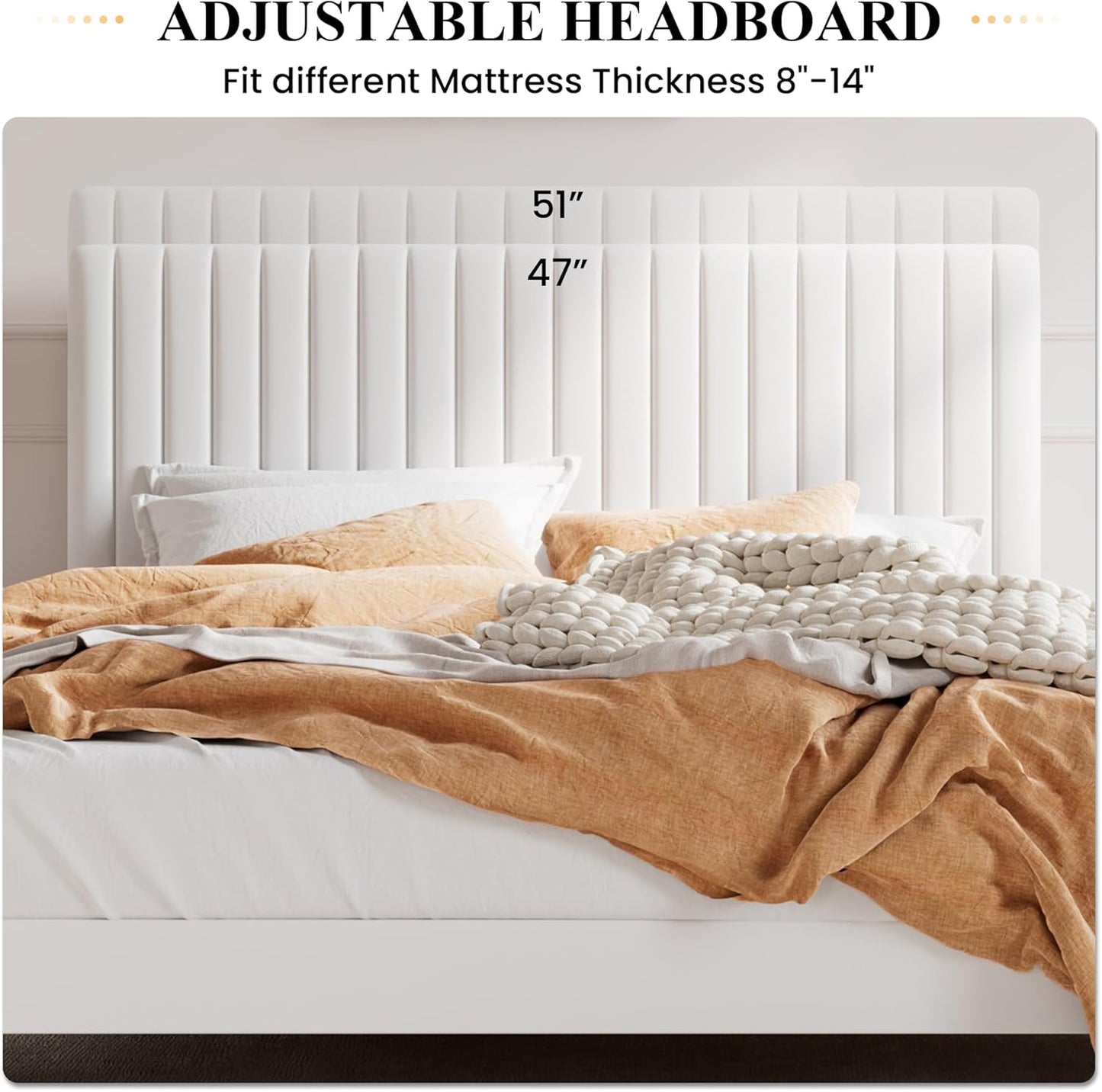 Queen Upholstered Platform Bed Frame with Vertical Channel Tufted Velvet Fabric Adjustable Headboard, Wooden Slats Support, Mattress Foundation, Box Spring Optional, White