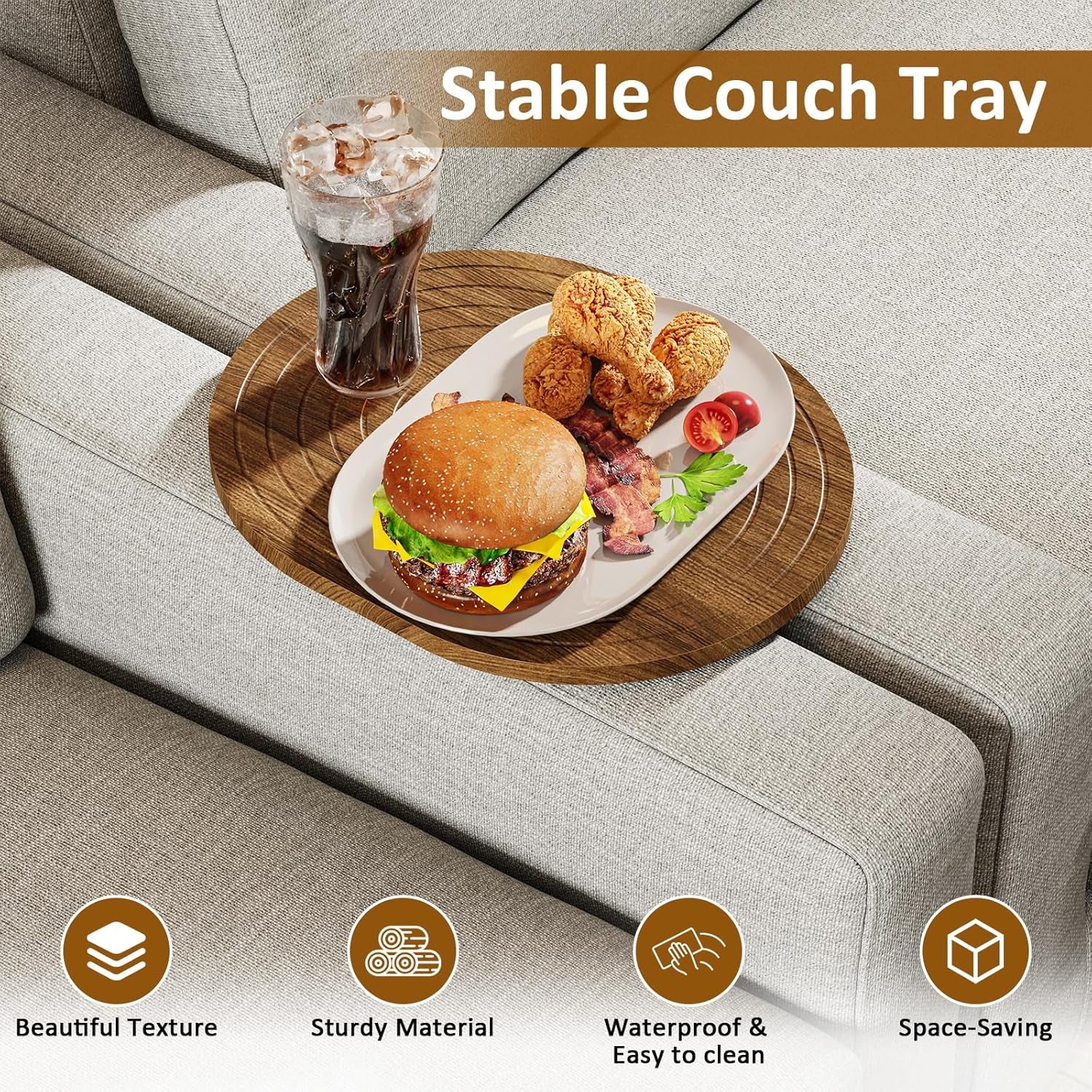 Couch Tray Insert for Middle, 15.75"X12.6" Wood Sofa Tray, Folding Couch Armrest Table Fit Armless Couch/Sectional, for Drink Snacks Phone Remote Holder, Walnut