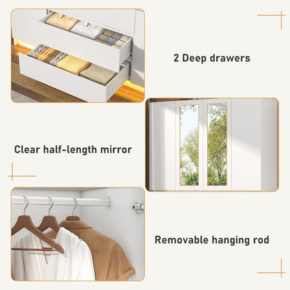 4 Doors Armoire Wardrobe Closet with 3 Drawers & Mirror, Modern Wooden Bedroom Armoires with Hanging Rod Led Lights for Bedroom, White