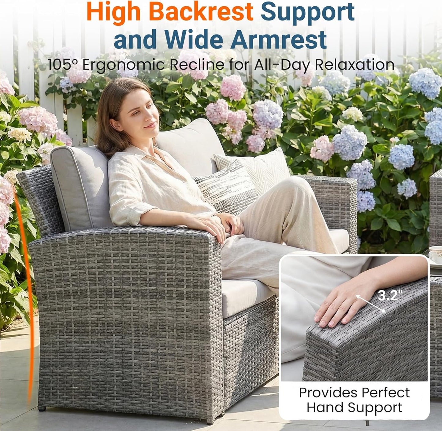 Patio Furniture Set, Wicker outside Outdoor Furniture for All Weather, Patio Sofa with High Backrest Support and Wide Armrest for Backyard, Balcony, Deck, Porch, Light Gray