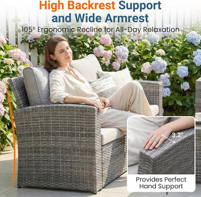 Patio Furniture Set, Wicker outside Outdoor Furniture for All Weather, Patio Sofa with High Backrest Support and Wide Armrest for Backyard, Balcony, Deck, Porch, Light Gray