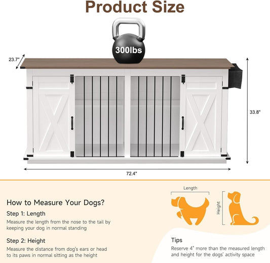 Dog Crate Furniture for 2 Dogs, 72.4" Indoor Large Double Dog Crate, Wooden GOG Kennel Tv Stand with Divider for Medium Large Breed Dogs, White