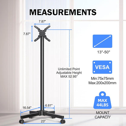 Mobile TV Carts, Rotating Rolling TV Stand on Wheels for 13-50" Flat/Curved Tvs Height Adjustable 30° Tilt Floor TV Stand Portable Monitor Stand Holds up to 44Lbs Max VESA 200X200Mm ML1350