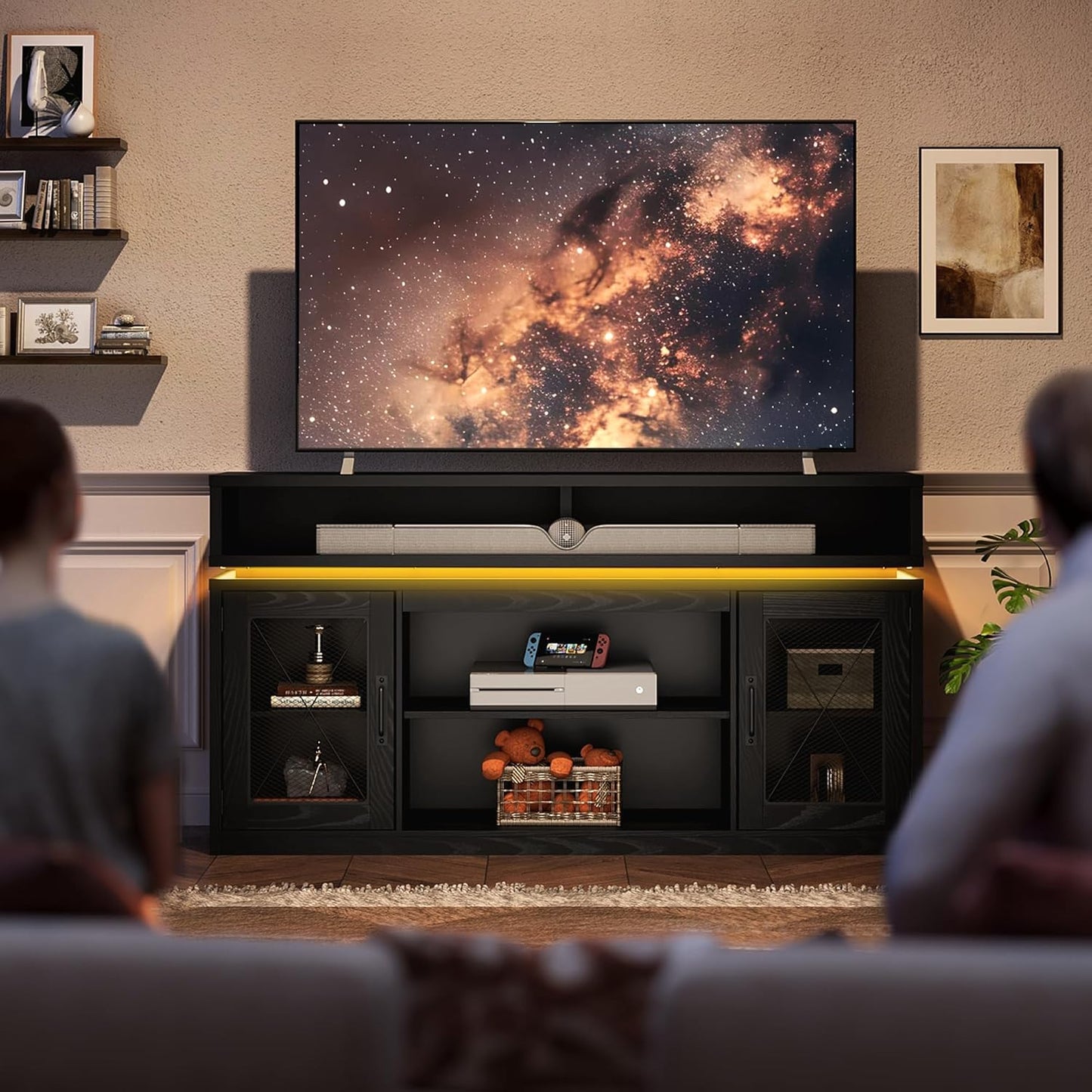 Farmhouse TV Stand for 65 Inch TV, Tall Entertainment Center with Storage Cabinets, Media Console TV Cabinet with LED for Living Room and Bedroom, Black