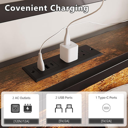 Queen Bed Frame with 4 Storage Drawers and Headboard, Metal Platform Panel Bed with Charging Station and RGB LED Lights, No Box Spring Needed, Noise Free, Easy Assembly, Vintage Brown