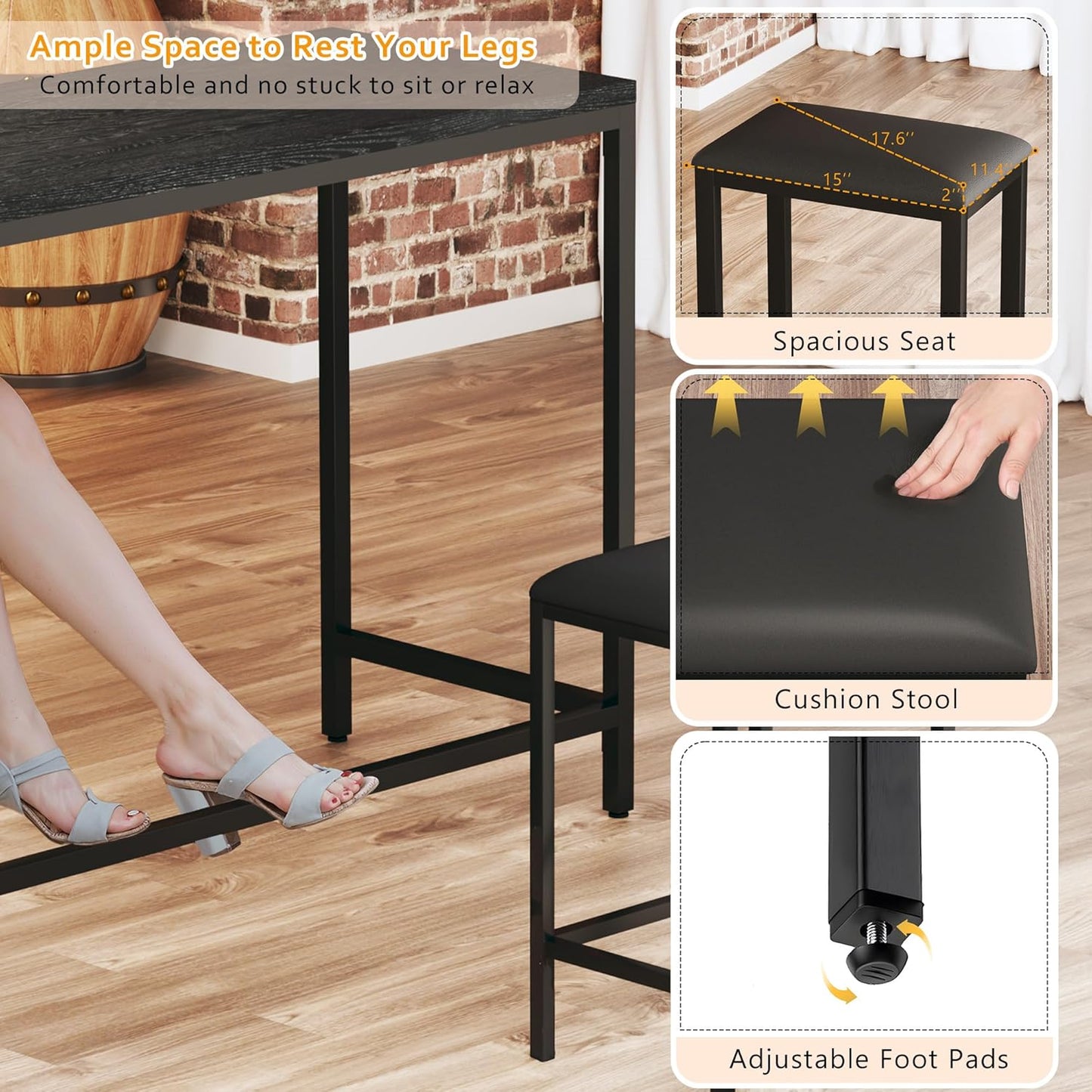 Bar Table and Chairs Set for 2-4, 63'' Convertible L-Shaped Kitchen Table with Power Outlets, 3 Piece Counter Height Small Dining Table with 2 Stools, Space Saving, Breakfast Nook Corner, Black