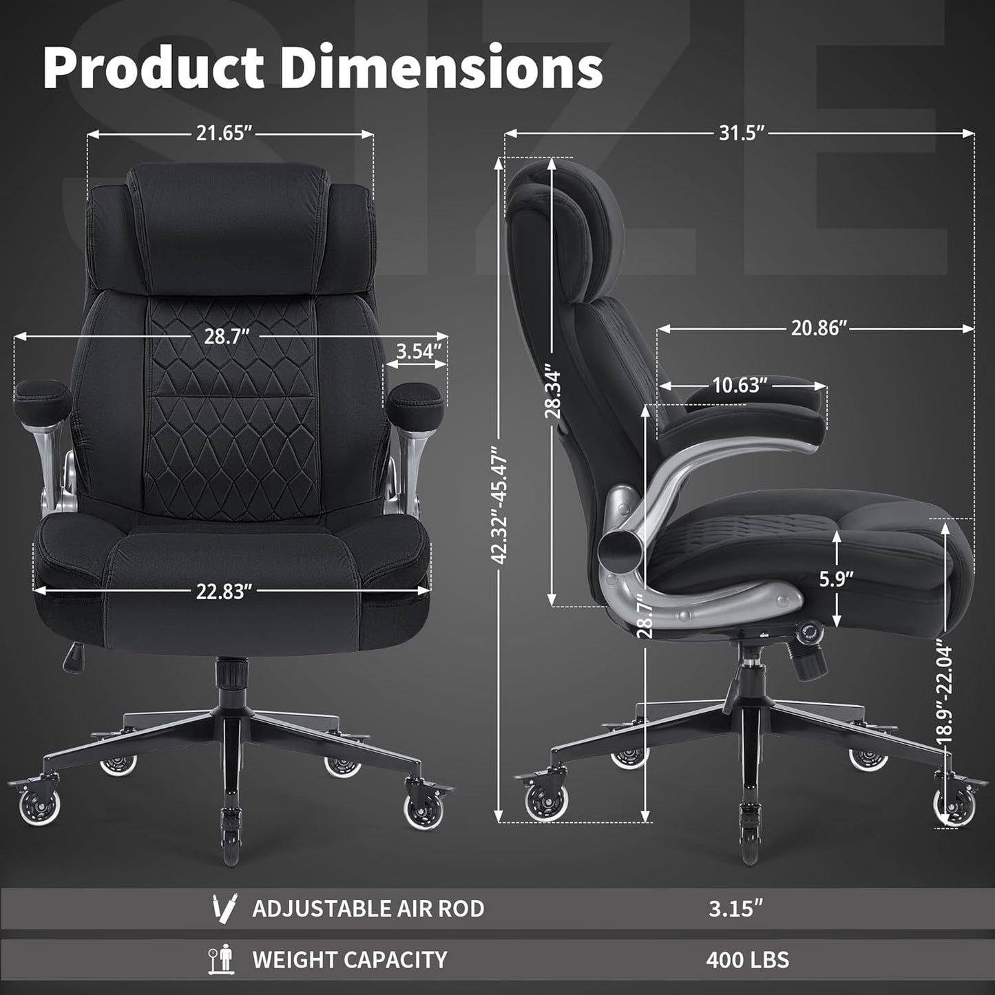 Fabric High Back Office Chair 400Lbs-Adjustable Built-In Lumbar Support，Flip Arms, Locking Wheels-Ergonomic Computer Desk Chair with Heavy Duty Base，Thick Padded Large Work Chairs for Adults Men Women