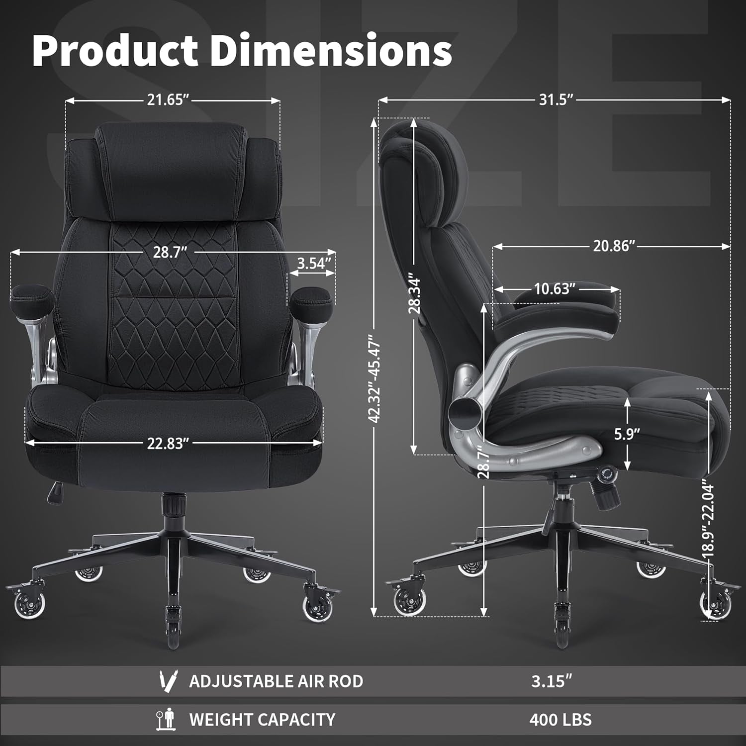 Fabric High Back Office Chair 400Lbs-Adjustable Built-In Lumbar Support，Flip Arms, Locking Wheels-Ergonomic Computer Desk Chair with Heavy Duty Base，Thick Padded Large Work Chairs for Adults Men Women