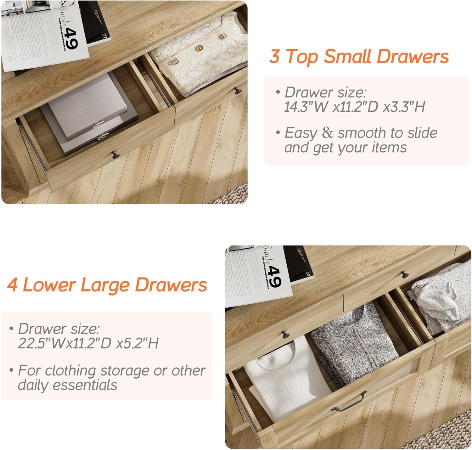 3 Piece Bedroom Set - Includes Farmhouse 7 Drawer Dresser, Set of 2 Bedside Tables with 3 Drawers, 3 Piece Dresser and Nightstand Sets, Oak