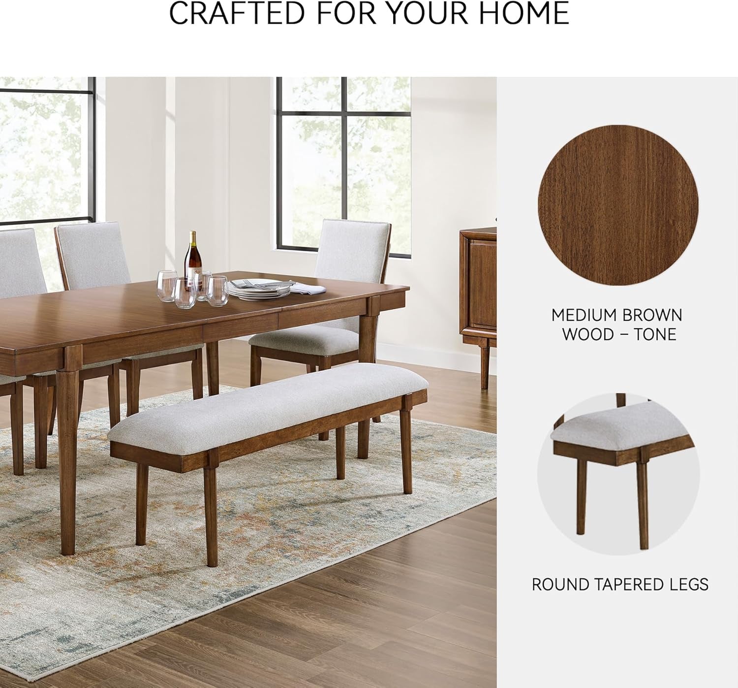 Lyncott 59" Upholstered Solid Wood Frame Dining Bench, Gray/Brown