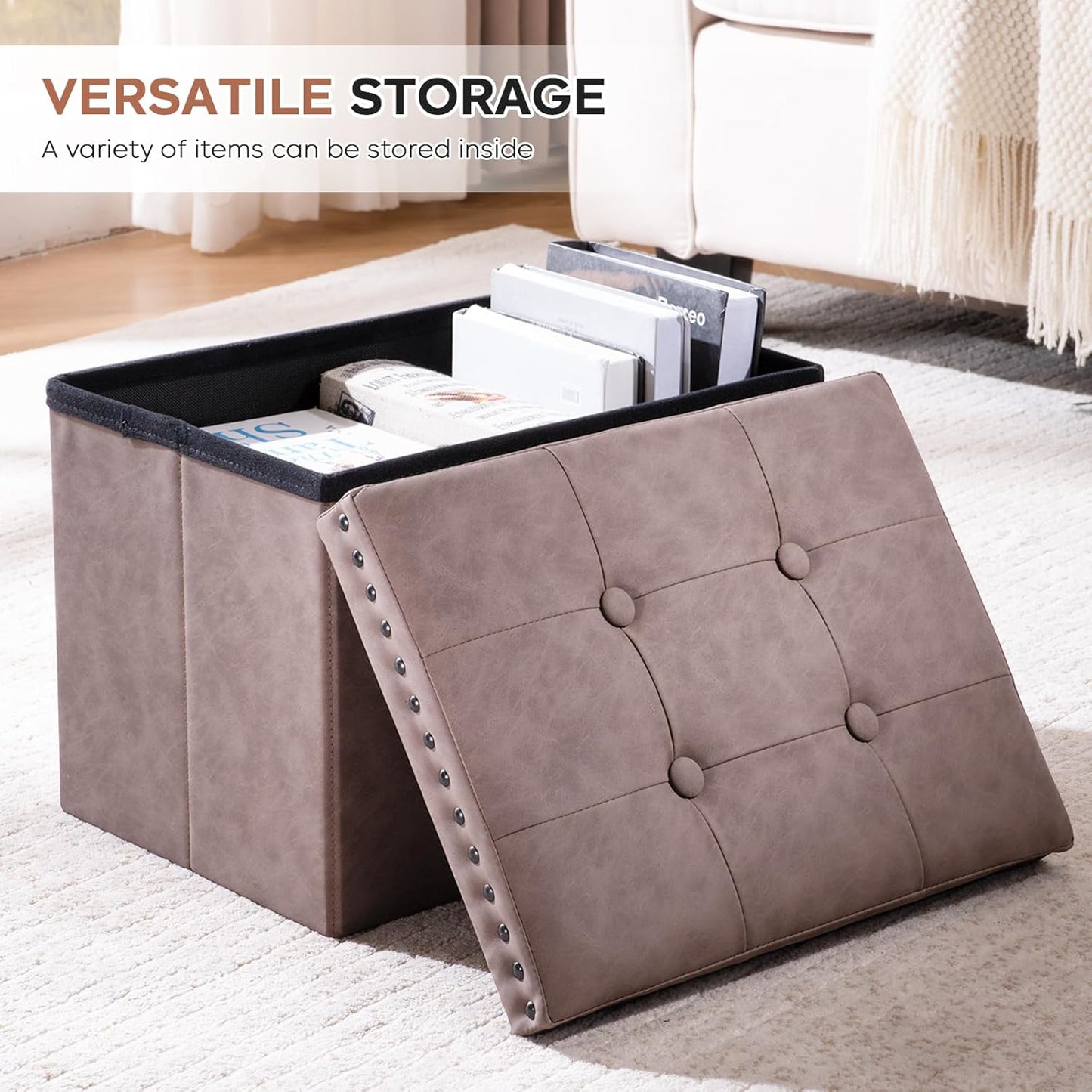 16 Inches Folding Cube Storage Ottoman, Small Leather Foot Rest Stool with Button Tufted Rivet Design, Footstool Bench, Ottoman with Storage for Living Room, Coffee Table 242 Lbs, Oak Brown