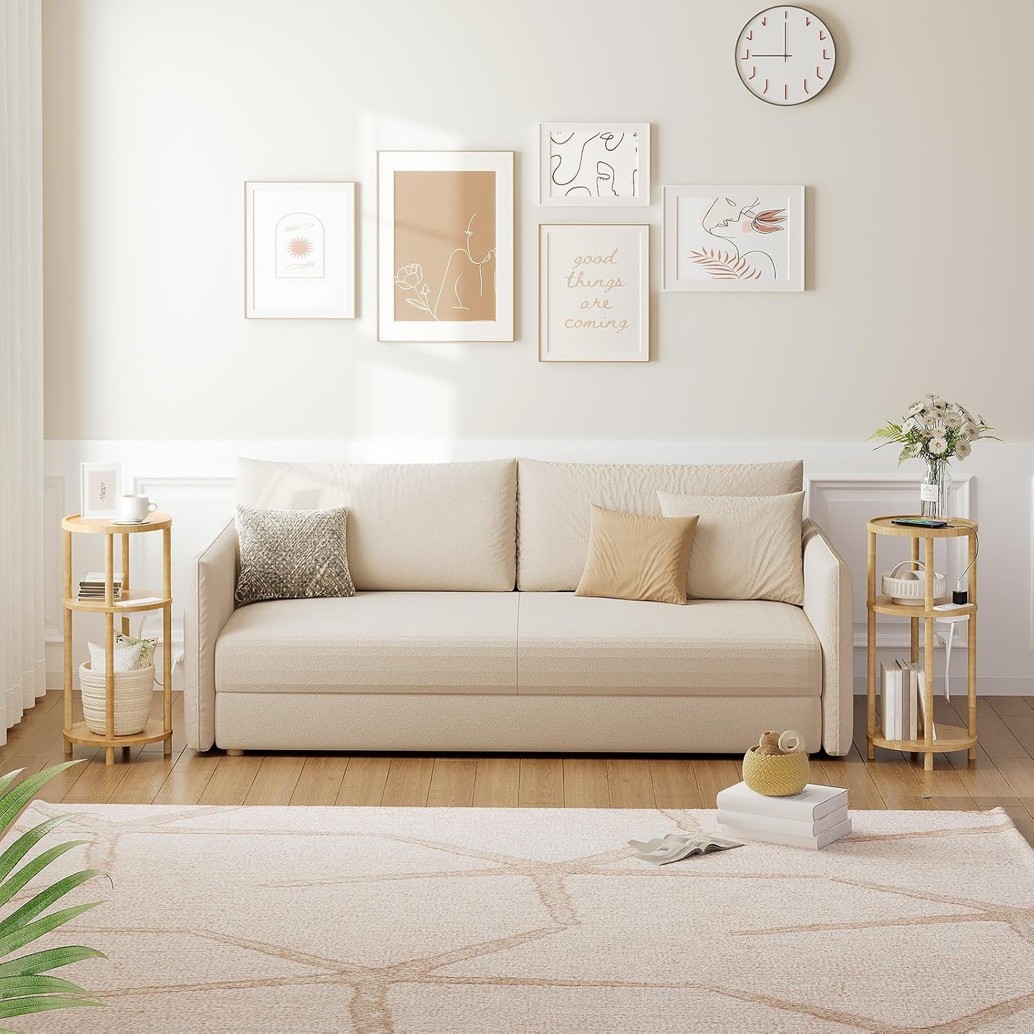 Small round Side Table with Charging Station, 3-Tier round Bamboo End Table, Compact Sofa Bedside Table for Small Space, Easy Assembly, for Living Room, Bedroom, Apartment, Natural YL152UBZ01