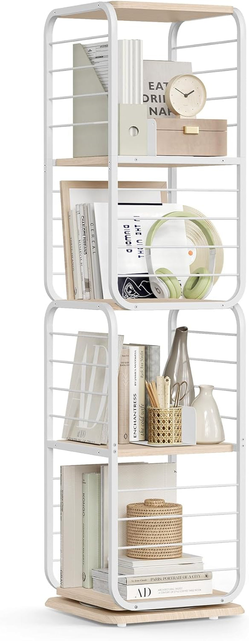 4-Tier Rotating Bookshelf, Bookcase with Bookends for Small Spaces, Corner Shelf, Steel Frame, Natural Beige and Cloud White ULLS127W67