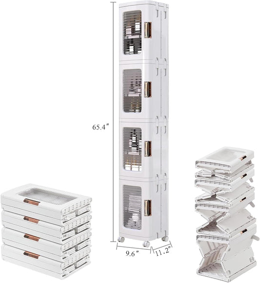 4-Tier Tall Narrow Storage Cabinet with Movable Wheels, Adjustable Shelves, Anti-Tip, Slim, for Small Space, Bathroom, Kitchen, Laundry, White | 4-Tier, Movable Wheels, Adjustable Shelves, Magnetic Doors, Slim