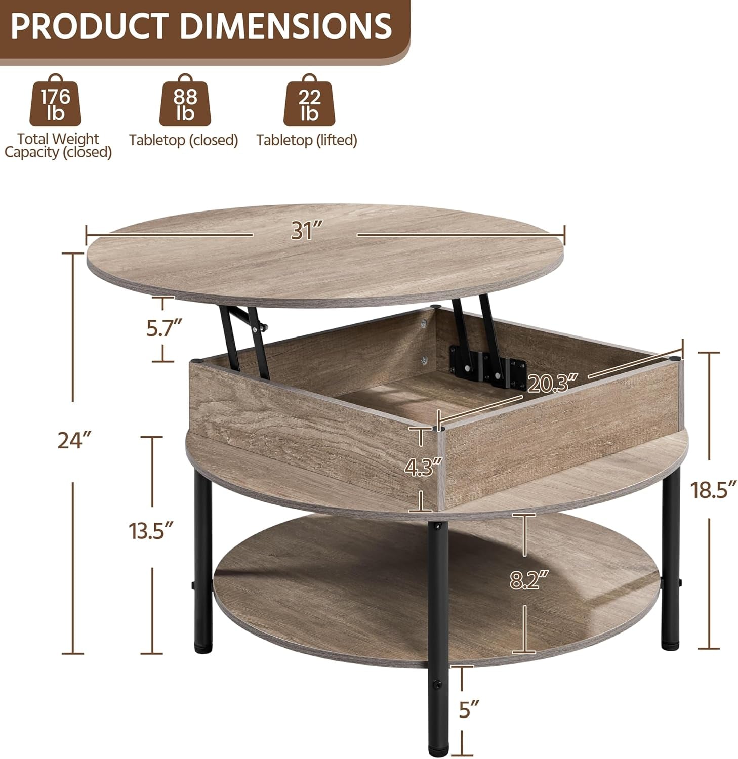 round Lift Top Coffee Table with Hidden Compartment & Storage Shelf, 31'' Farmhouse Coffee Table Center Tables, 2-Tier Small round Dining Table for Living Room Reception Room, Gray