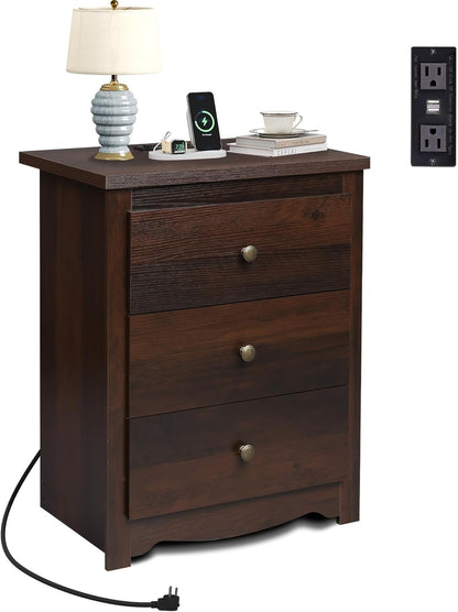 Tall Nightstand with Charging Station, Wood Nightstand with 3 Drawers, Bedside Tables Bedroom, Dorm, End Table with 2 USB Ports and 2 AC Outlets, Bedside Table, Espresso