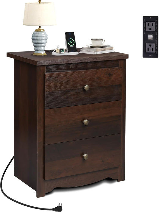 Tall Nightstand with Charging Station, Wood Nightstand with 3 Drawers, Bedside Tables Bedroom, Dorm, End Table with 2 USB Ports and 2 AC Outlets, Bedside Table, Espresso
