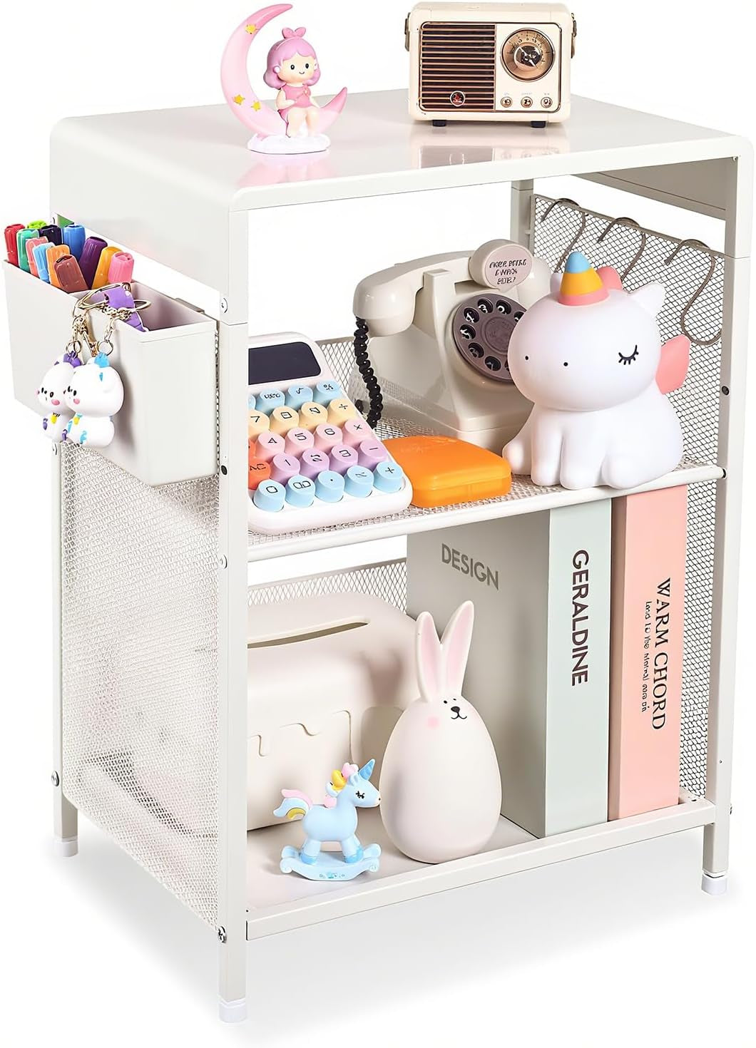 Nightstand, End Table with Hooks and Holder, Kids Nightstand for Bedroom, Toddler Bedside Table, Small Pink Desk for Girls, Coffee Table for Living Room, Dorm, Office (White)