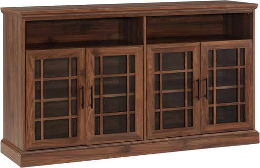 Classic Glass Door Universal TV Stand for Tv'S up to 64" Flat Screen Living Room Storage Cabinet Doors and Shelves Entertainment Center, 16"D X 58"W X 33"H, Dark Walnut