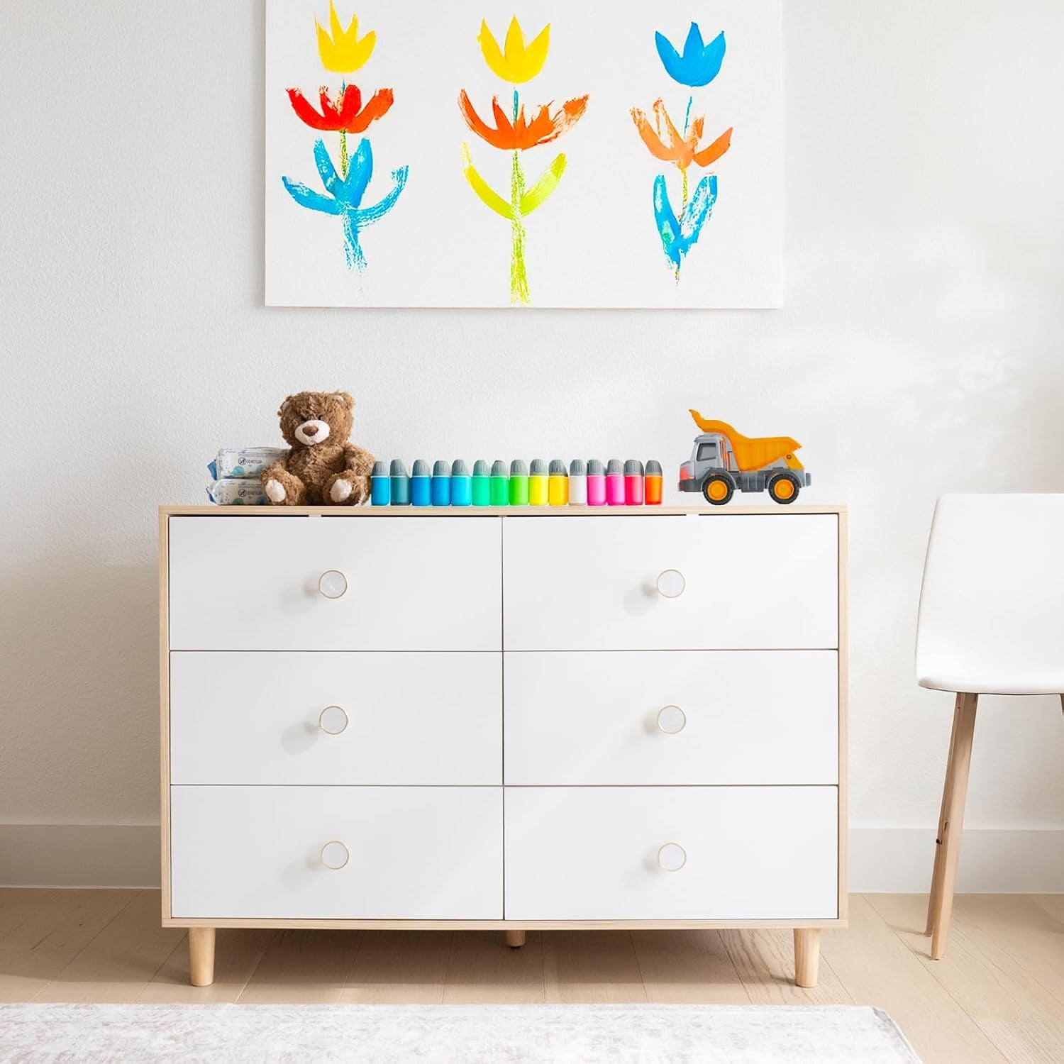 Baby Dresser for Nursery, Kids, and Bedroom – 6 Drawer White Wood Dresser with Solid Wood Legs, Storage for Clothes and Baby Essentials, White