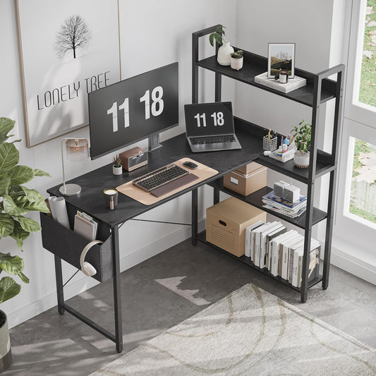 55 Inch Small L Shaped Desk, Corner Desk with Bookshelf, Home Office Desk, Writing Study Desk for Bedroom, Black