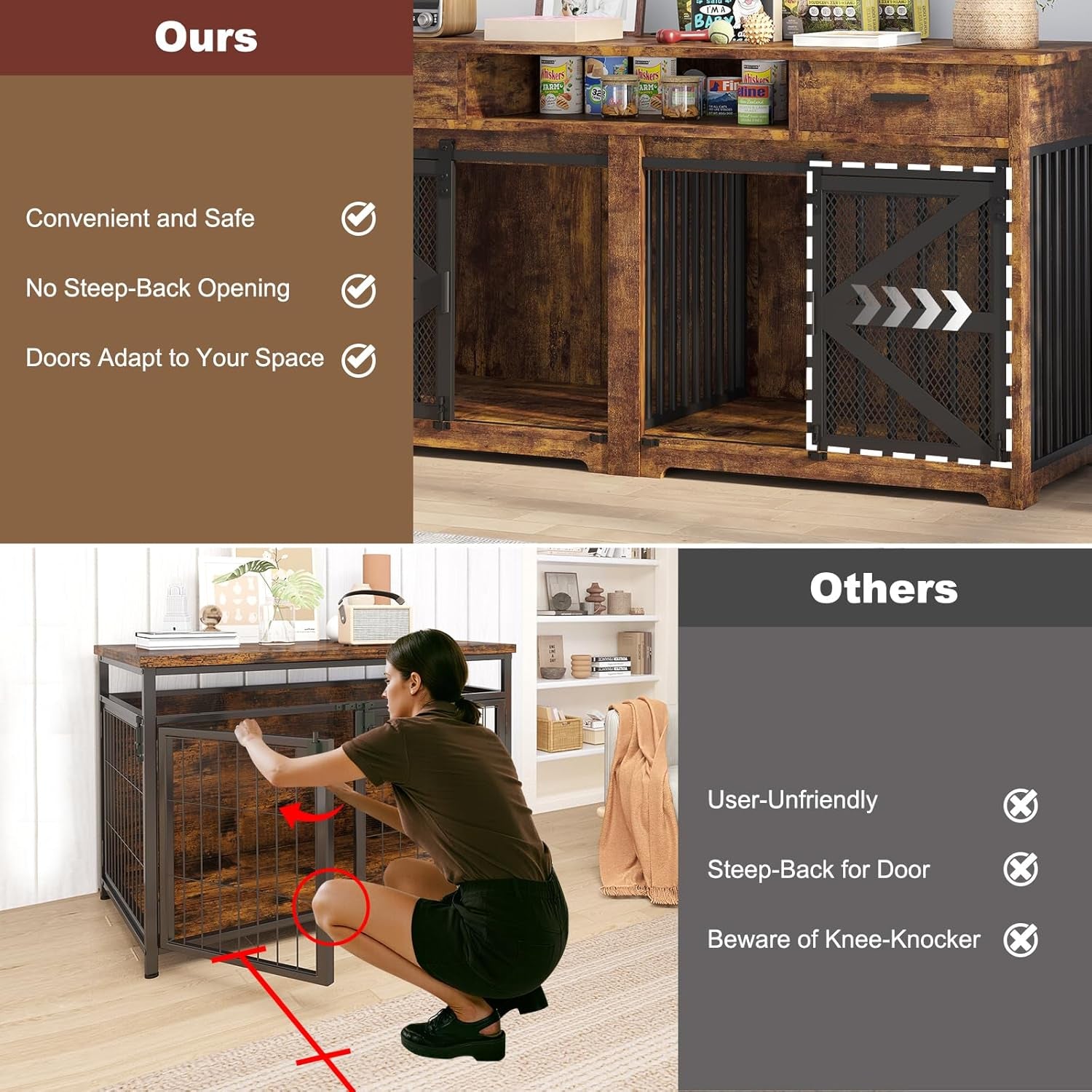 63In Double Dog Crate Furniture with Sliding Door and Detachable Outlet That Powers Pet Zone Sturdy Dog Kennel Furniture with Drawers Organized Storage for Small and Medium Dogs