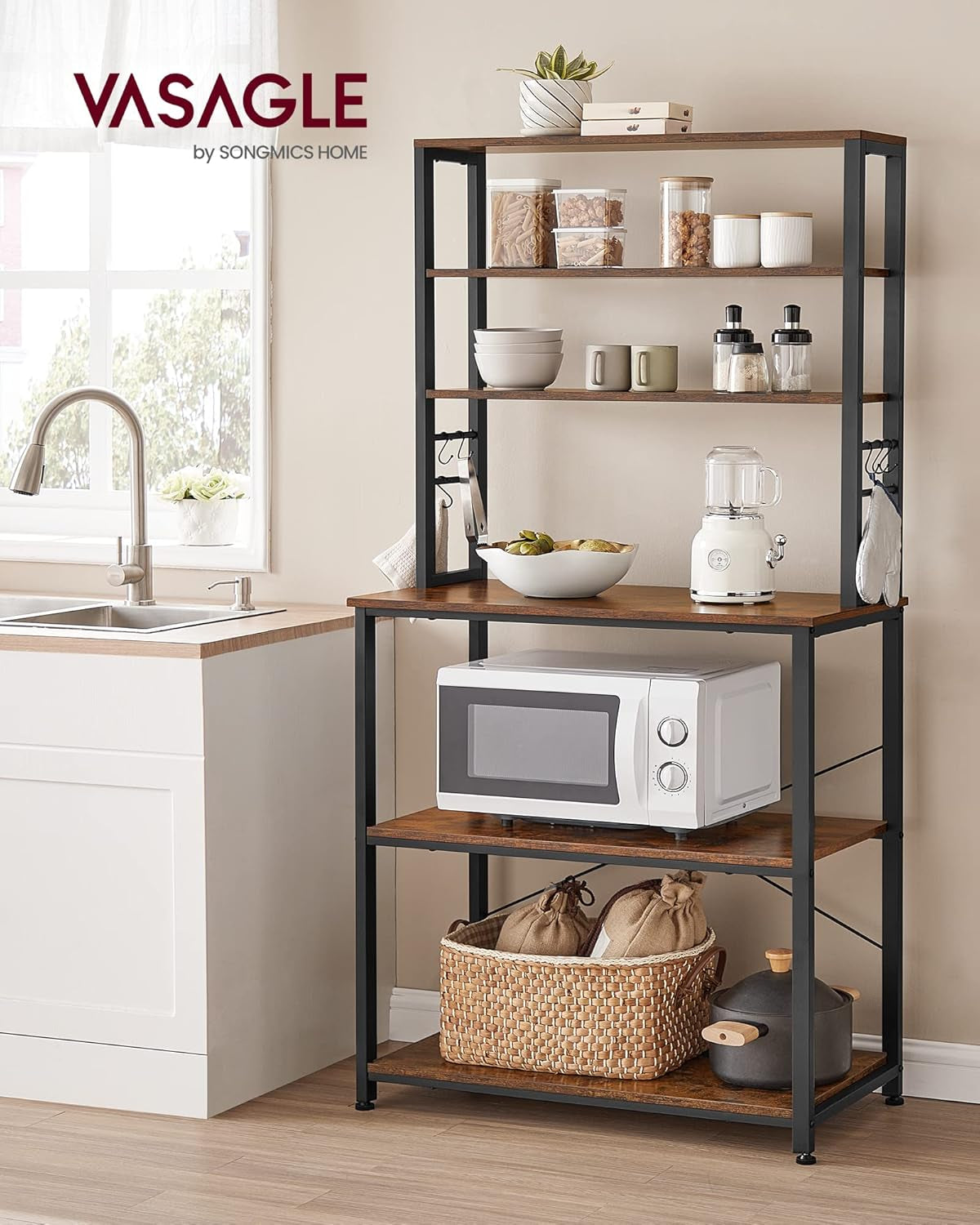 Coffee Bar, 31.5 Inches Baker'S Rack for Kitchen with Storage, 6-Tier Kitchen Shelves with 6 Hooks, Microwave Stand, Industrial, Rustic Brown and Ink Black UKKS019B01