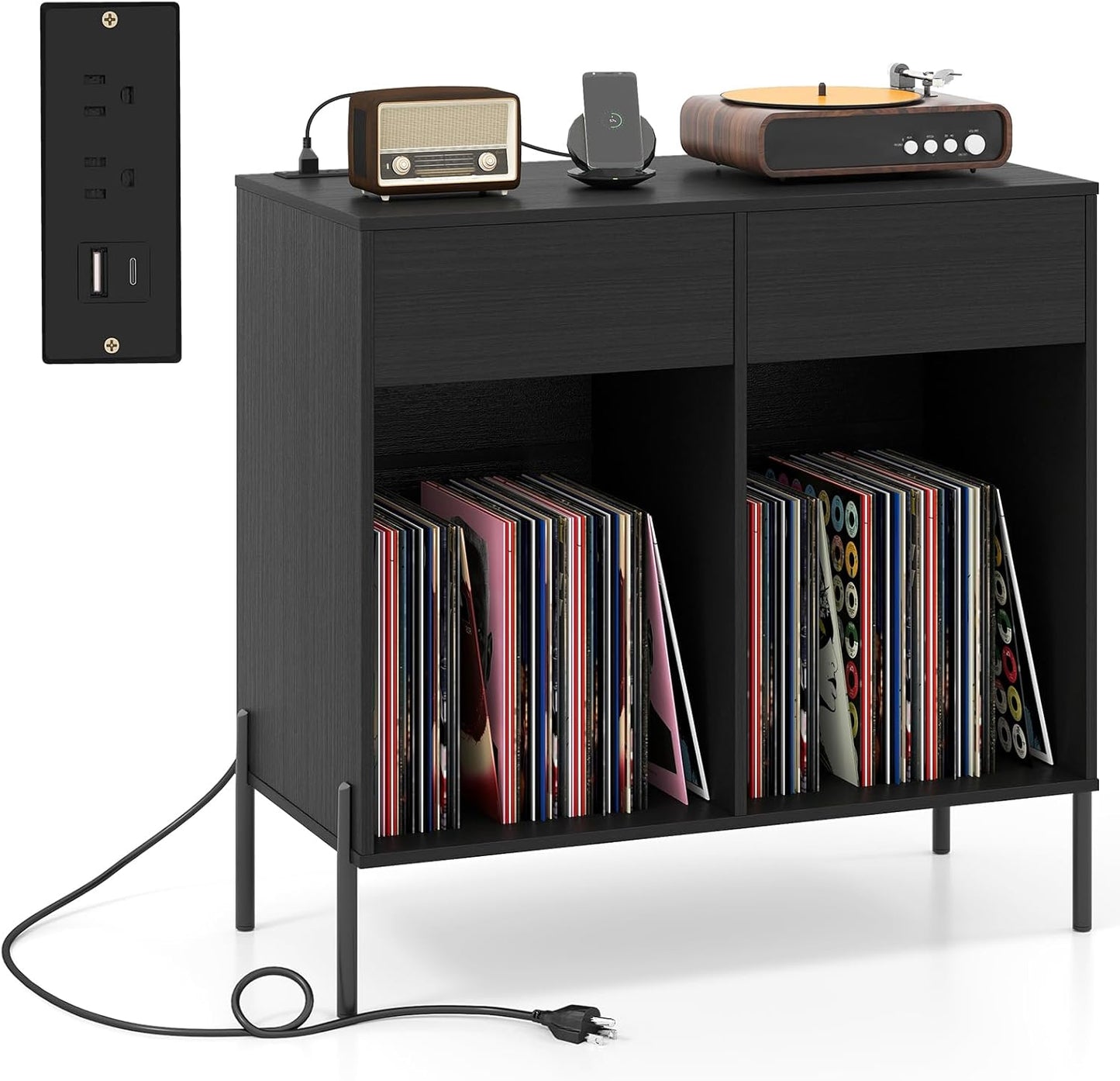 Large Record Player Stand with Charging Station, Mid Century Wood Turntable Stand with 2 Storage Drawers & Compartments, Vinyl Record Storage for Living Room (Black)