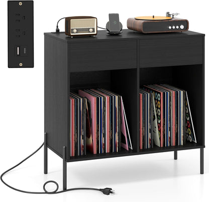 Large Record Player Stand with Charging Station, Mid Century Wood Turntable Stand with 2 Storage Drawers & Compartments, Vinyl Record Storage for Living Room (Black)